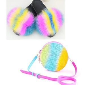 Women's Furry Fur Slippers Jelly Purse Bags Set